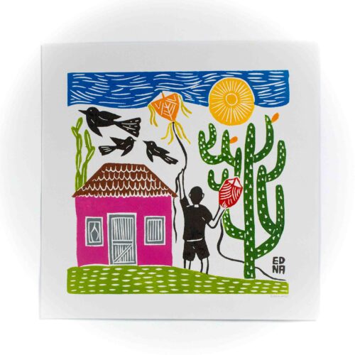 Xilogravura Menino empinando pipa de Edna (38x38)