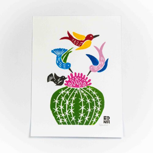 Xilogravura Pássaros e cacto de Edna (24x33)