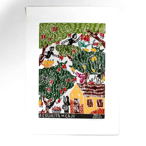 Xilogravura A colheita de caju de Pablo Borges (48x66)