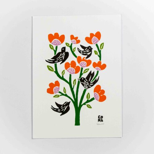 Xilogravura Pássaros e flores de Edna (24x33)