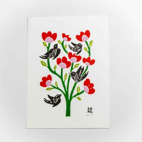 Xilogravura Pássaros e flores de Edna (24x33)